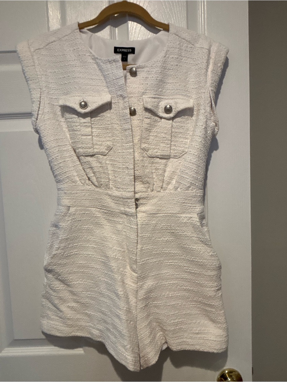 Express Cream Textured Cap-Sleeve Romper